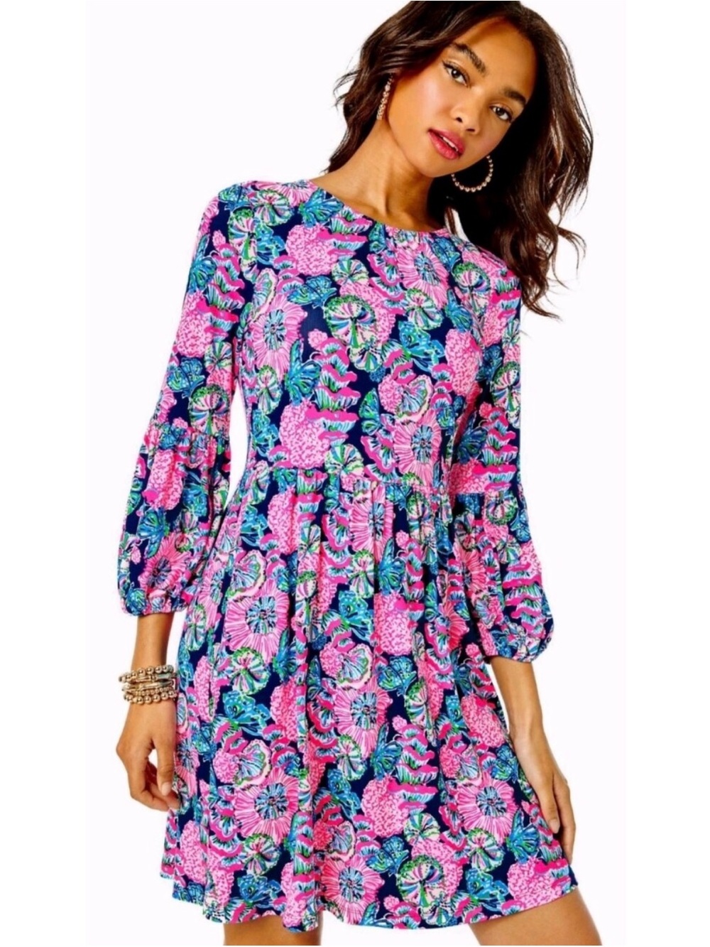 New Lilly Pulitzer Auralia Dress in Oyster Bay Navy Shroom With A View Medium